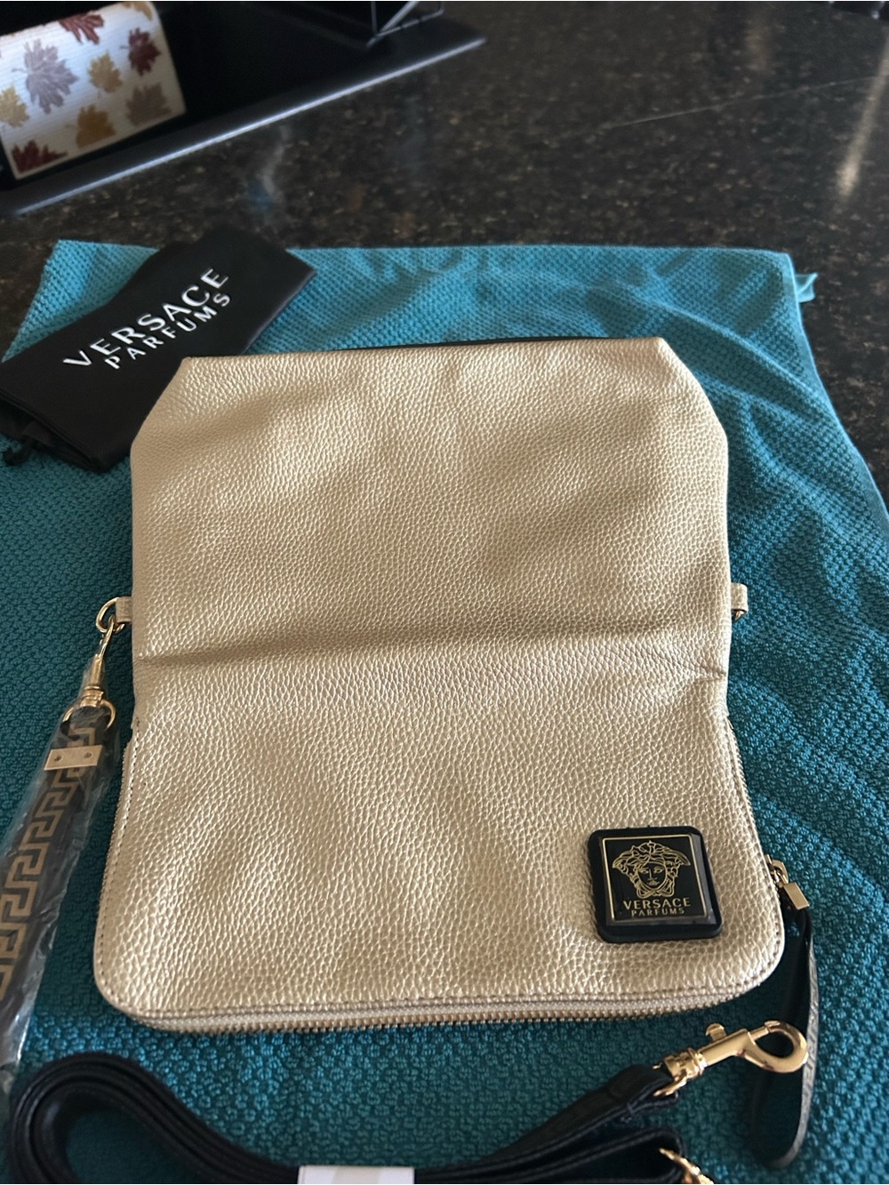 Versace Gold Pebbled Leather Crossbody Bag